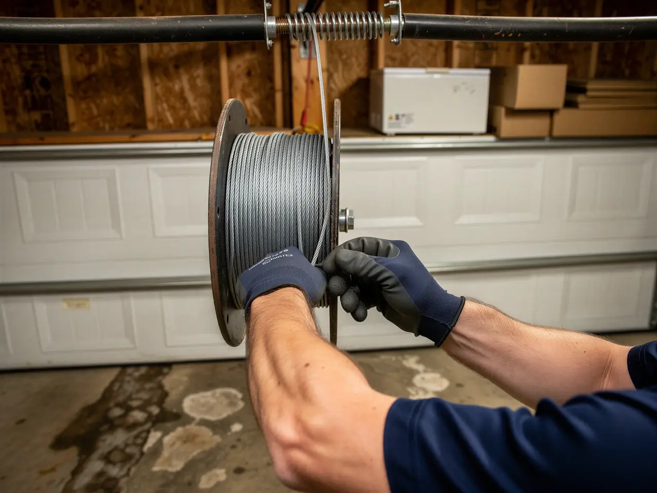 A technician's gloved hands are working with a spool of garage door cable.