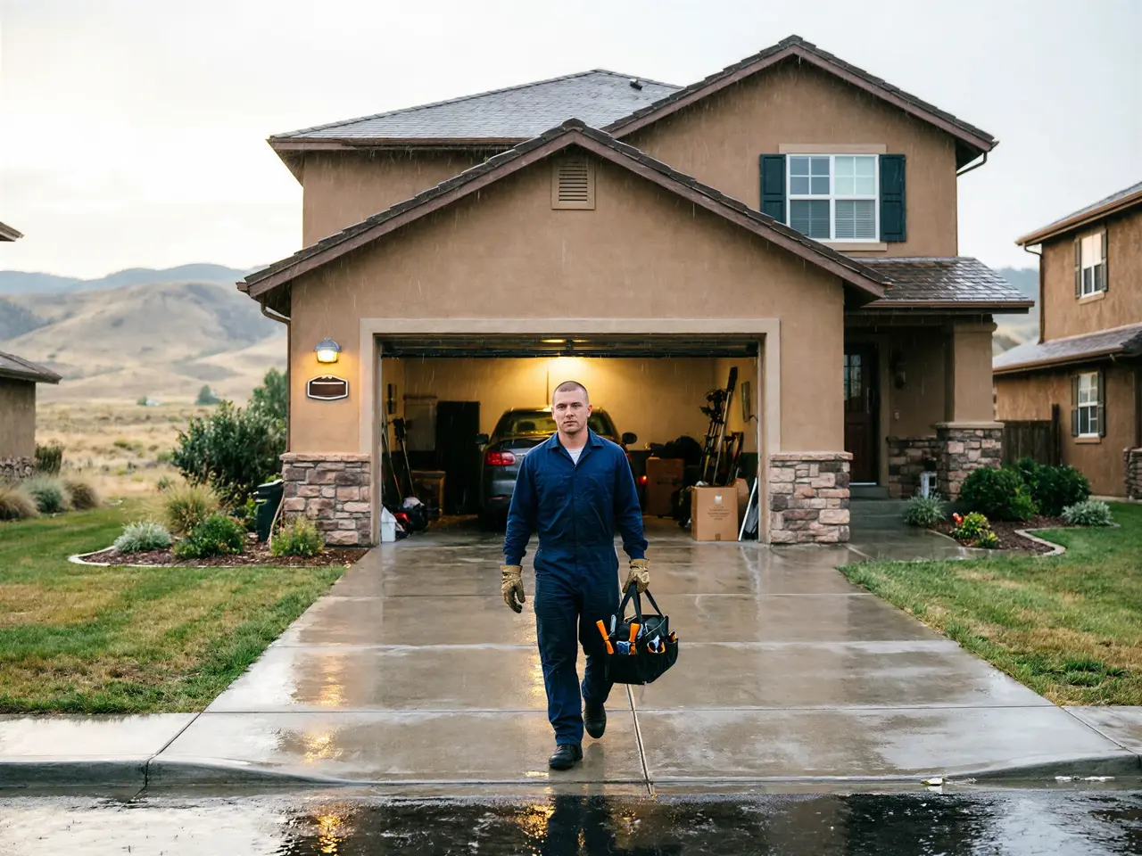 A technician in a blue uniform walks from a garage toward the street in the rain.