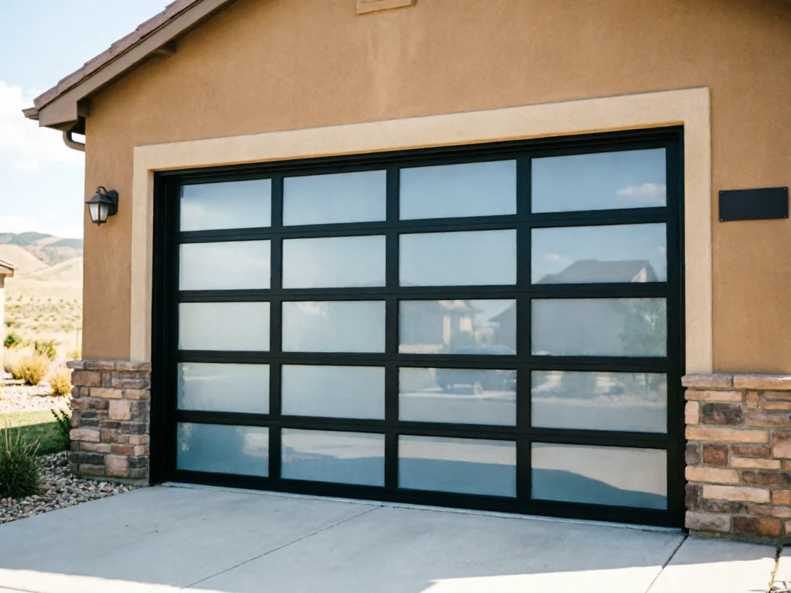 A modern black garage door with frosted glass panels on a stucco house.