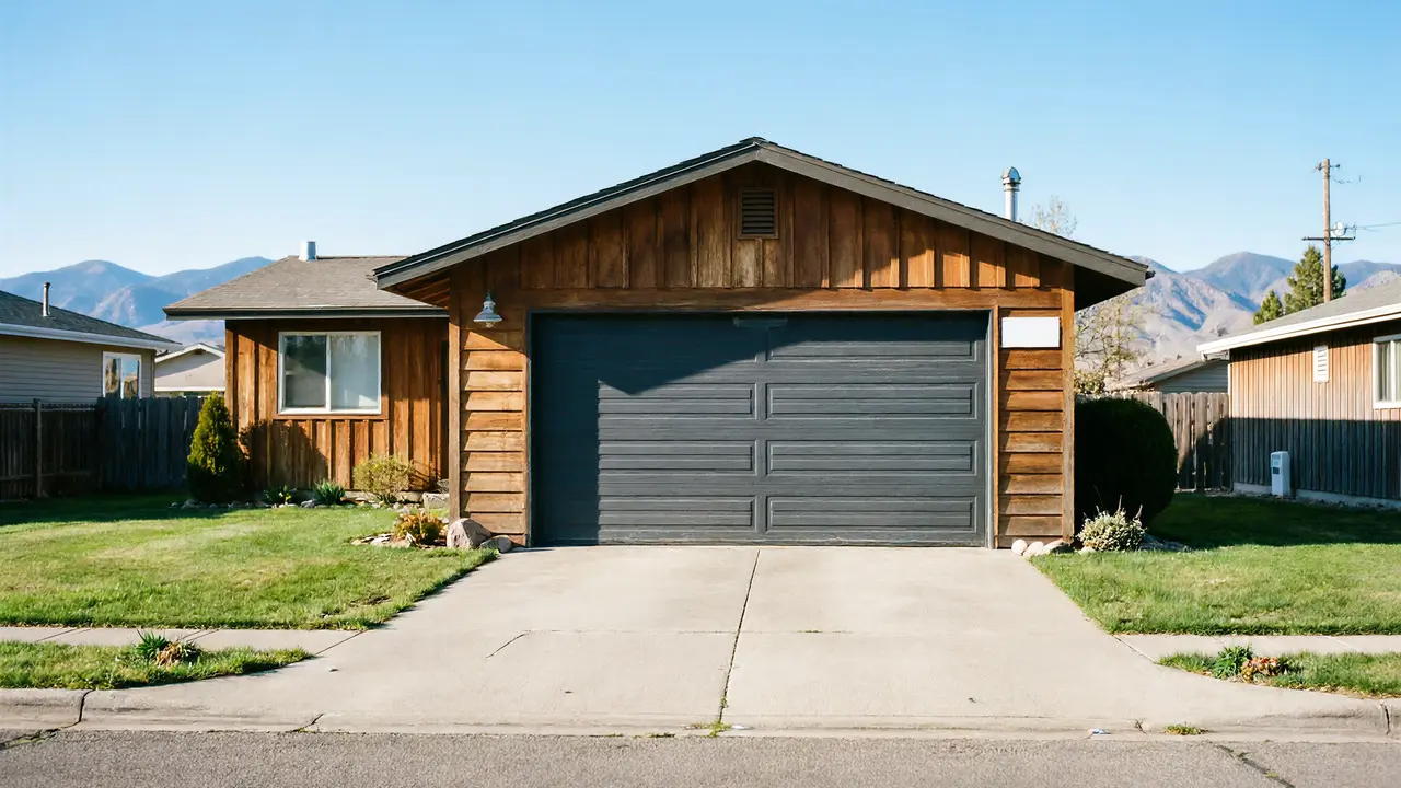 The house has a dark gray garage door and light brown wood siding.