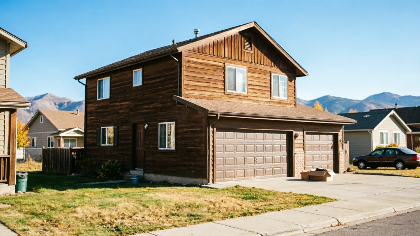 A brown house with two garage doors and a brown car in the driveway.
