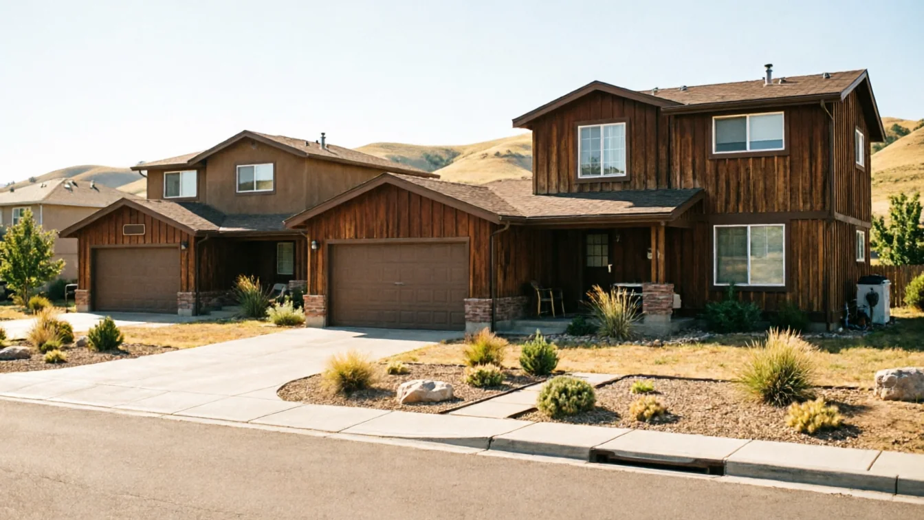 Two houses with brown garage doors and brown siding stand on a sunny day.