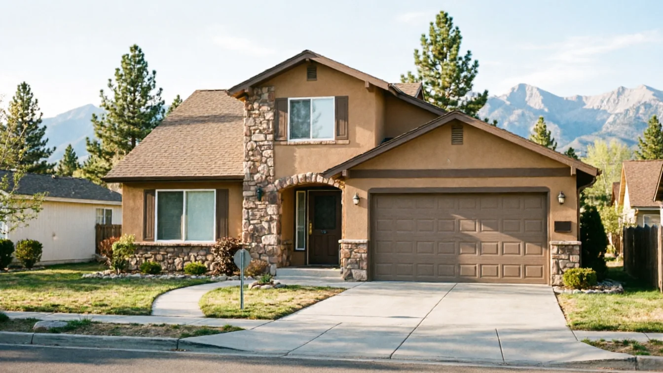The house has a brown garage door, stucco walls, and stone accents.