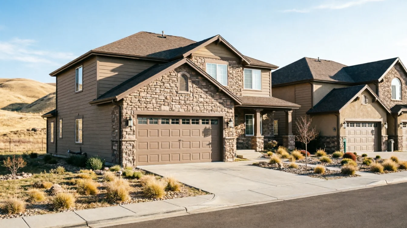 A brown house with a two-car garage and stone facade sits next to a road.