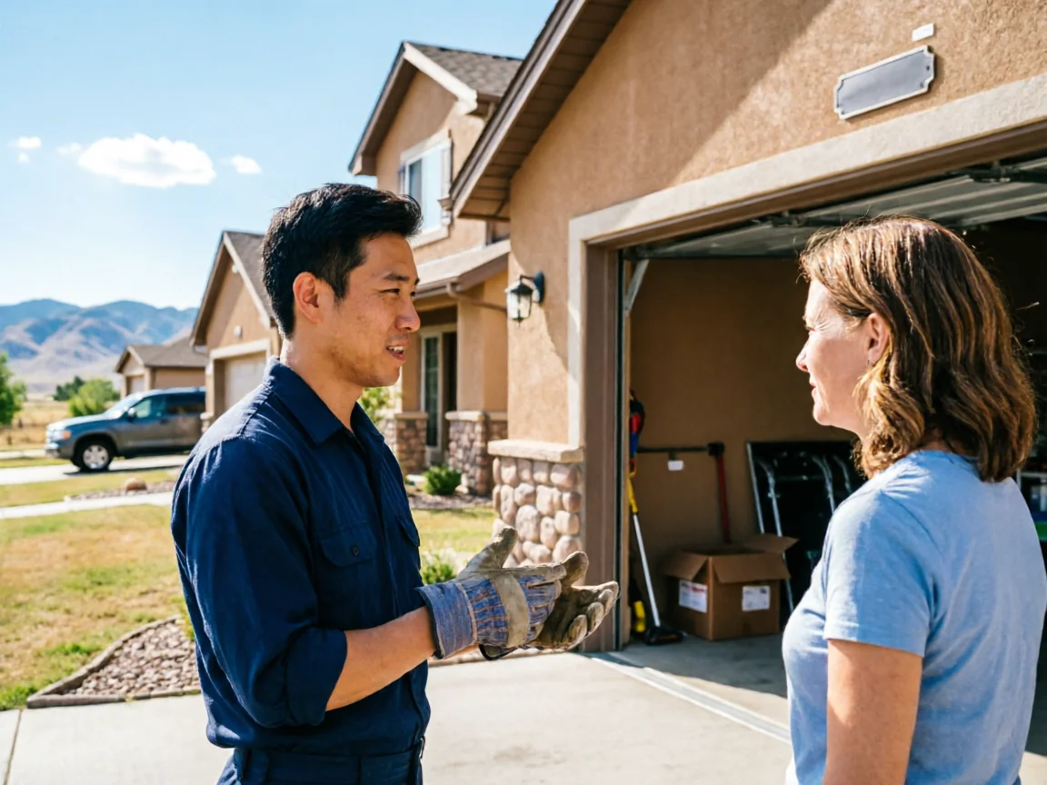 A technician in work gloves talks to a woman in front of a house with an open garage.
