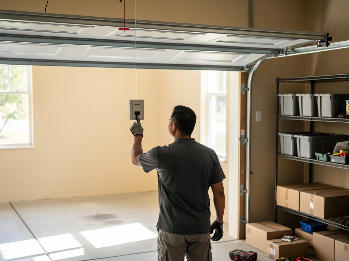 A technician presses a button on a garage door opener control panel.