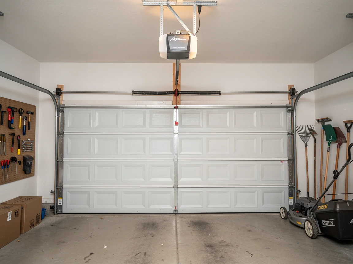 A white garage door is closed, with an opener and torsion spring visible.