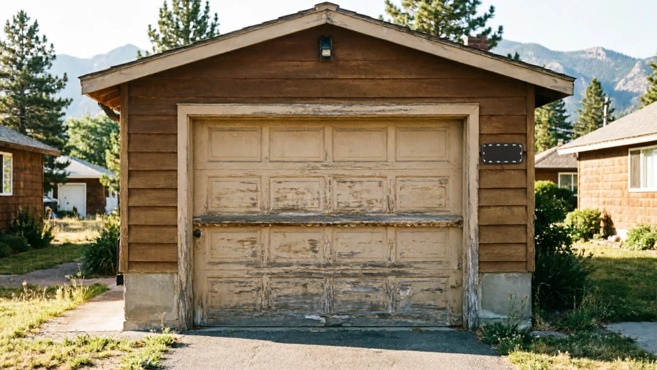 The weathered garage door on a brown wooden garage has peeling paint.