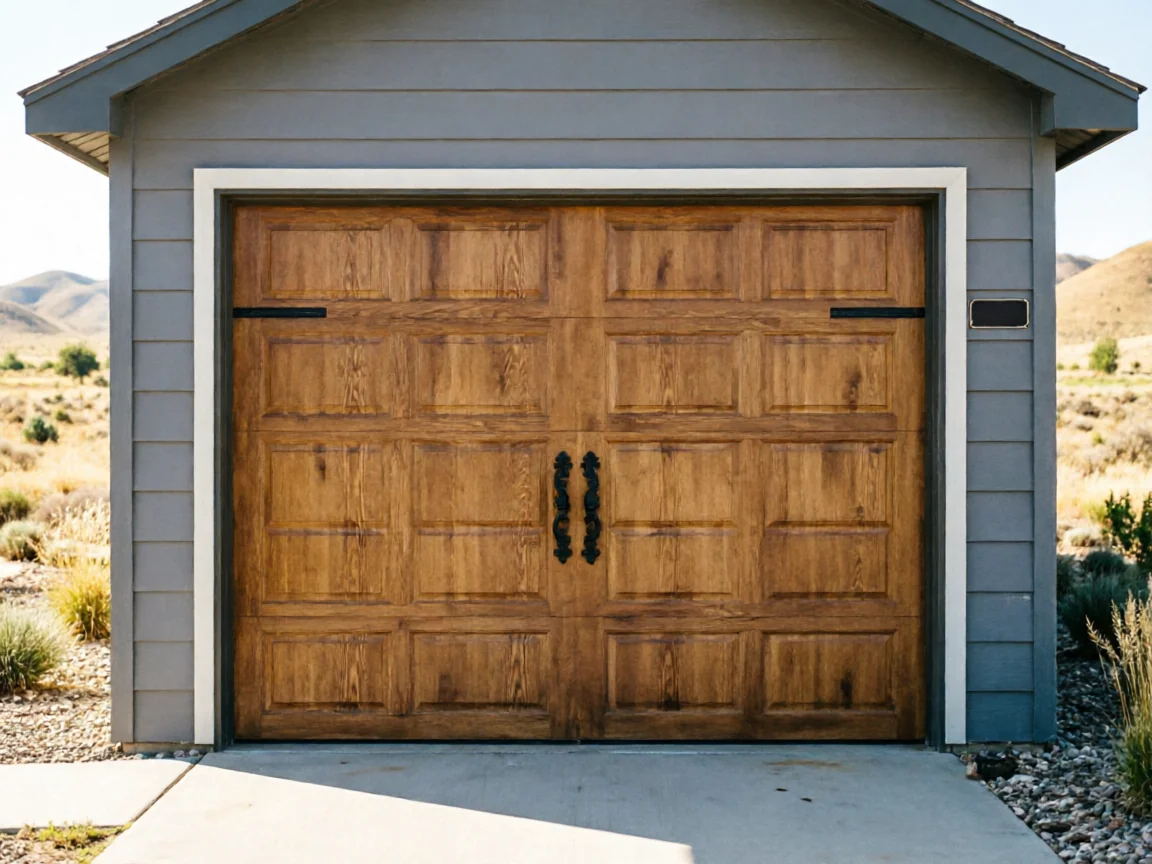 A brown wooden garage door with decorative black hardware on a gray house.